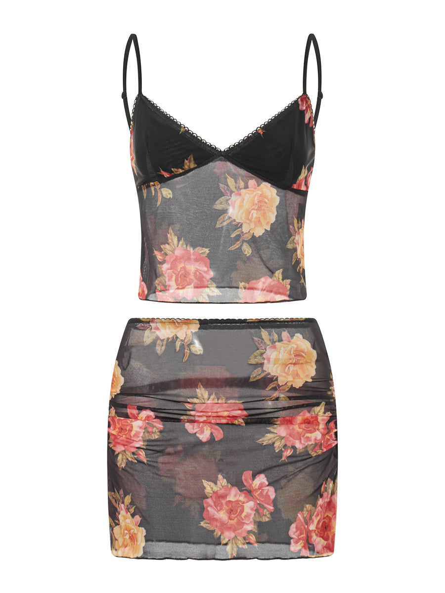 Women Floral Print V Neck Cami Top | Summer Set | Sleeveless | Mini Skirt | Two Piece