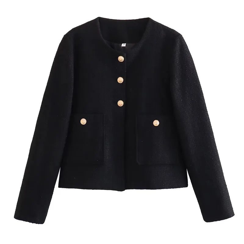 Camel O-neck Tweed Short Coat Women black