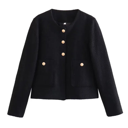 Camel O-neck Tweed Short Coat Women black