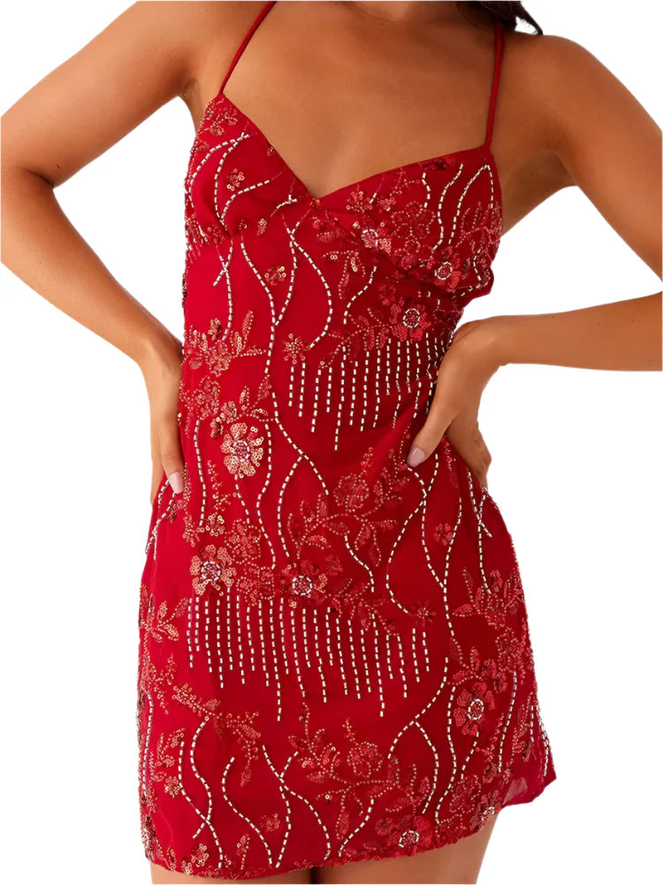 Women Glitter Bodycon Dress | Sequin Sparkly Mini Dress | Floral Pearl Embellished Cami Dress | Party Dress