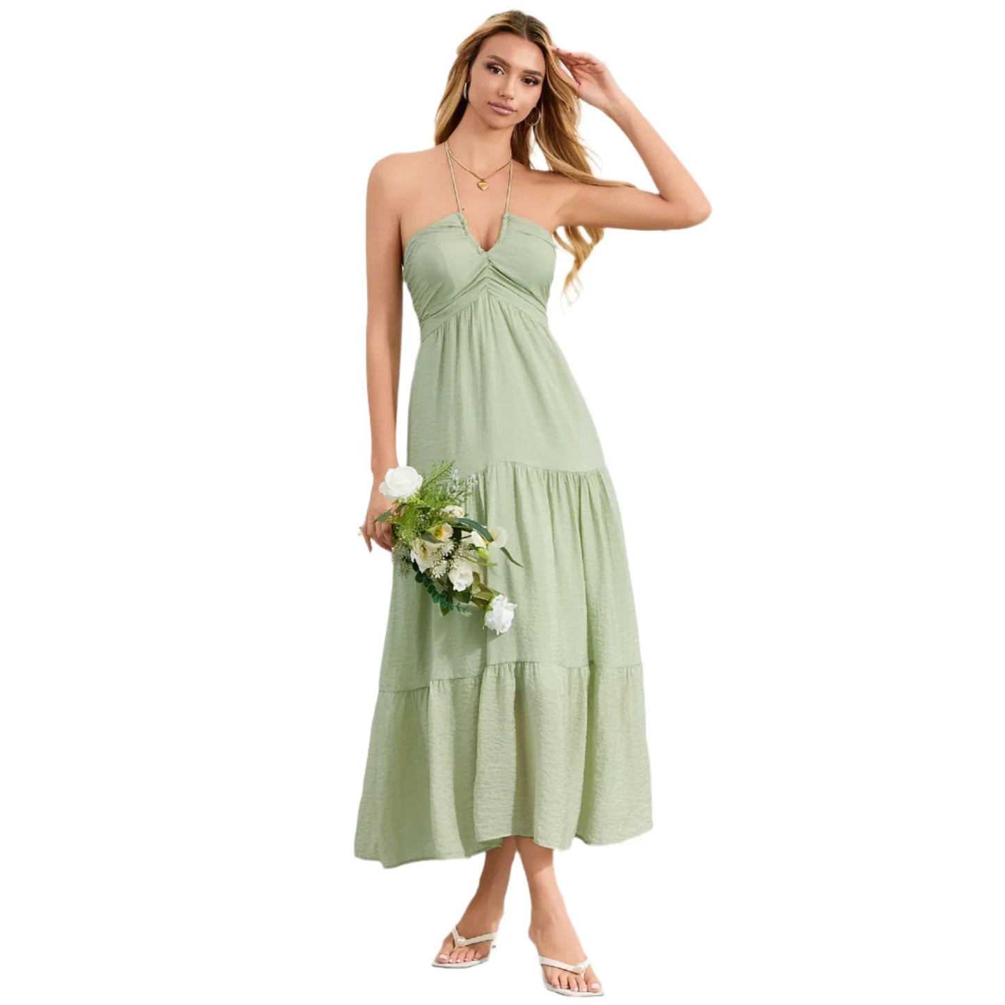 Women Bohemian Summer Tie-Up Halter Dress | Beach Flowy Dress | Sleeveless Backless Ruffled A-line Long Dress pale green