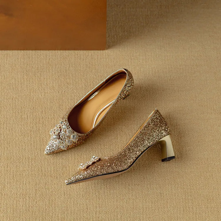 Stella | Women's Glitter Block Heel Pumps Pointed Toe Crystal Buckle
