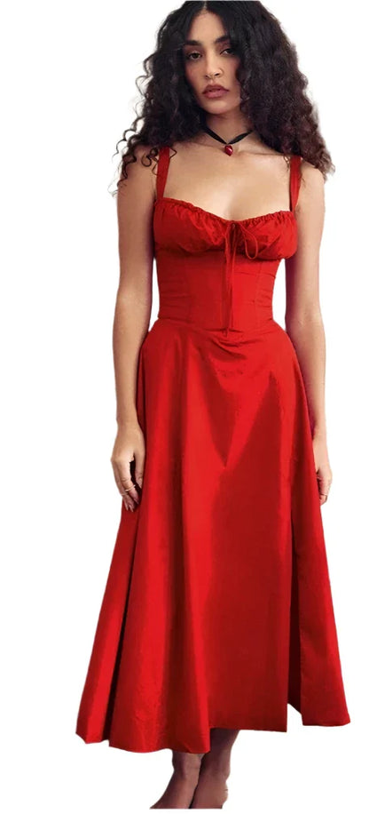 Women Plain Midi Summer Dress | Casual Slit Lace Up Dress | Sundress red
