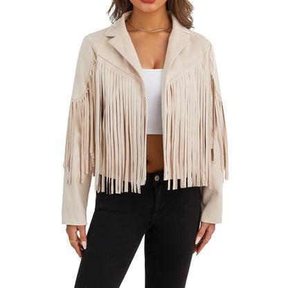 Women Cropped Spring Fringe Jacket | Tassel Jacket Beige
