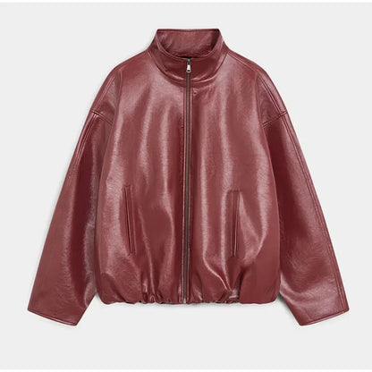 Woman Glossy Leather Two Piece Set | Leather Jacket | Straight Long Leather Skirt | Autumn | Stand Collar Zipper Jacket | Red Jacket