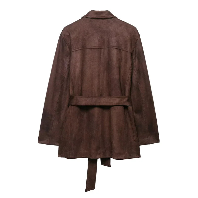 Women Brown Jacket | Long Sleeve | Suede | Belt Jacket