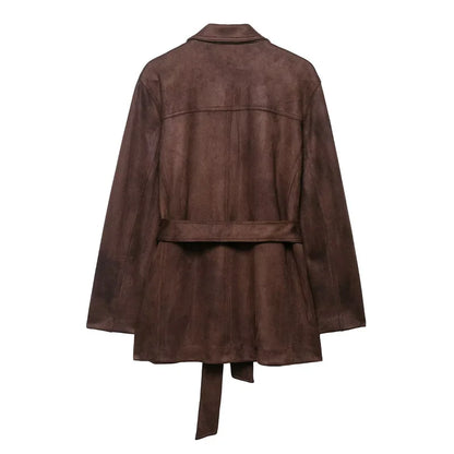 Women Brown Jacket | Long Sleeve | Suede | Belt Jacket