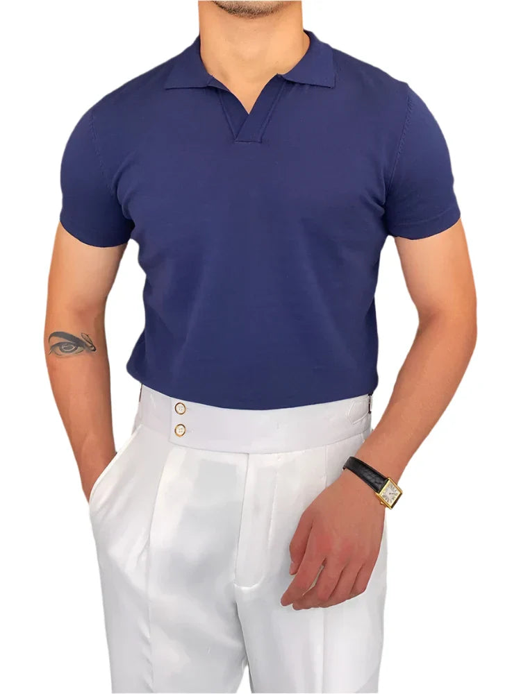 Men’s Casual Plain Short Sleeves Polo Shirts | Turn-down Collar Summer Pullover Dark Blue