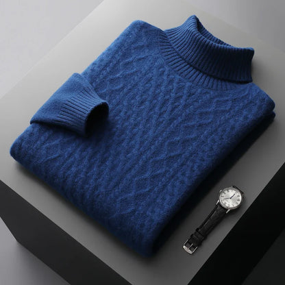Men Merino Wool High-Necked Pullover | Warm Turtleneck Sweater Navy Blue