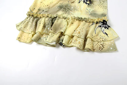 Women Ruffle Floral Set | Y2K | Camisole Top | Tiered Skirt | Vacation | See Through