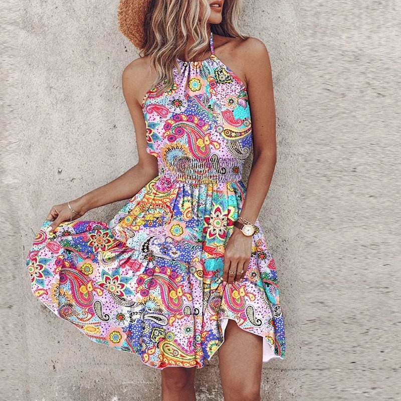 Sutton | Women's Asymmetric Backless Flowy Printed Mini Dress