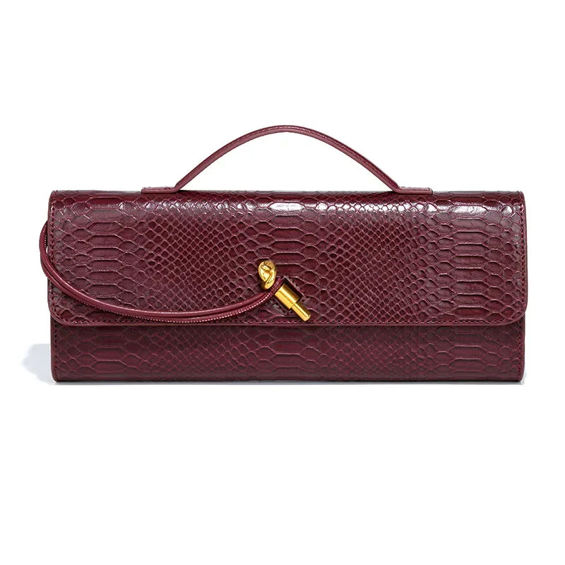 Women Luxury Design Top-Handle Leather Bag | Long Purse | Crocodile Pattern Bag wine red