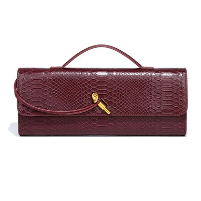 Women Luxury Design Top-Handle Leather Bag | Long Purse | Crocodile Pattern Bag wine red