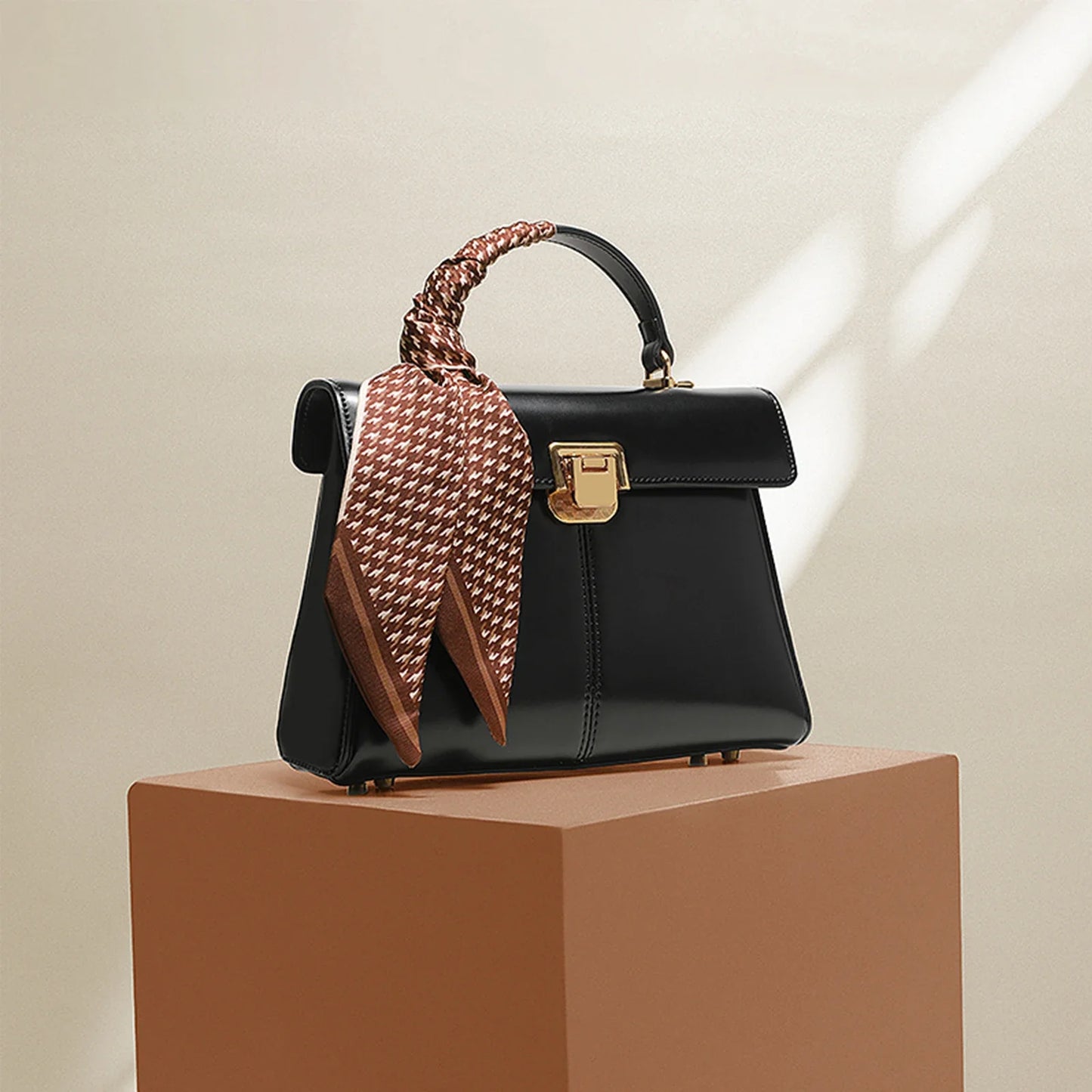 Women Leather Handbag | Crossbody Bag With Scarf Decor