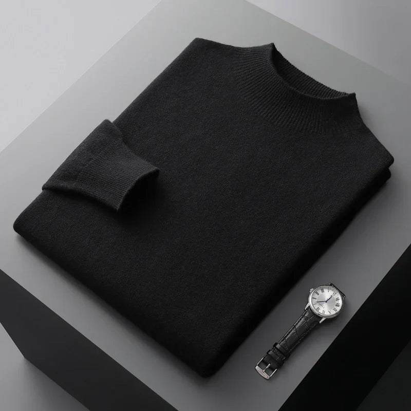 Men Mock Neck Cashmere Sweater | Pullover Semi-High Neck Pure Wool Sweater black