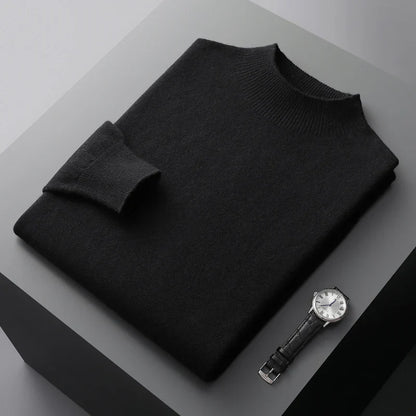 Men Mock Neck Cashmere Sweater | Pullover Semi-High Neck Pure Wool Sweater black