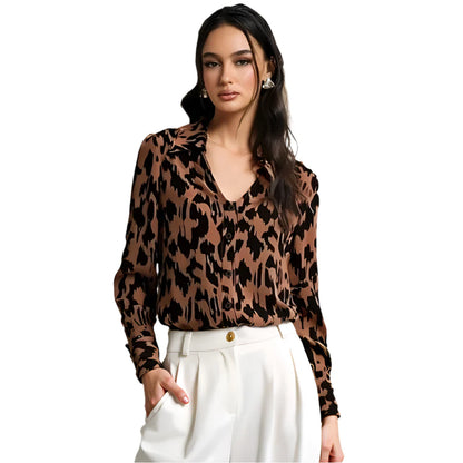 Women Leopard Print Shirt | V-Neck Cuff Sleeve Shirt | Cheetah Print Brown