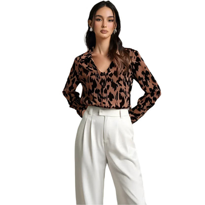 Women Leopard Print Shirt | V-Neck Cuff Sleeve Shirt | Cheetah Print
