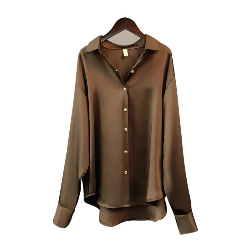Women Satin Blouse | Long Sleeve Button-Down | Casual Office Silk Shirt Chocolate