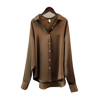 Women Satin Blouse | Long Sleeve Button-Down | Casual Office Silk Shirt Chocolate