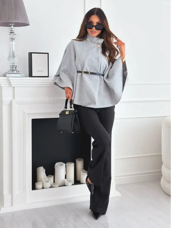 Women Batwing Sleeve Coat | Waist Cinching Poncho | Thick | Warm | Single Buckle