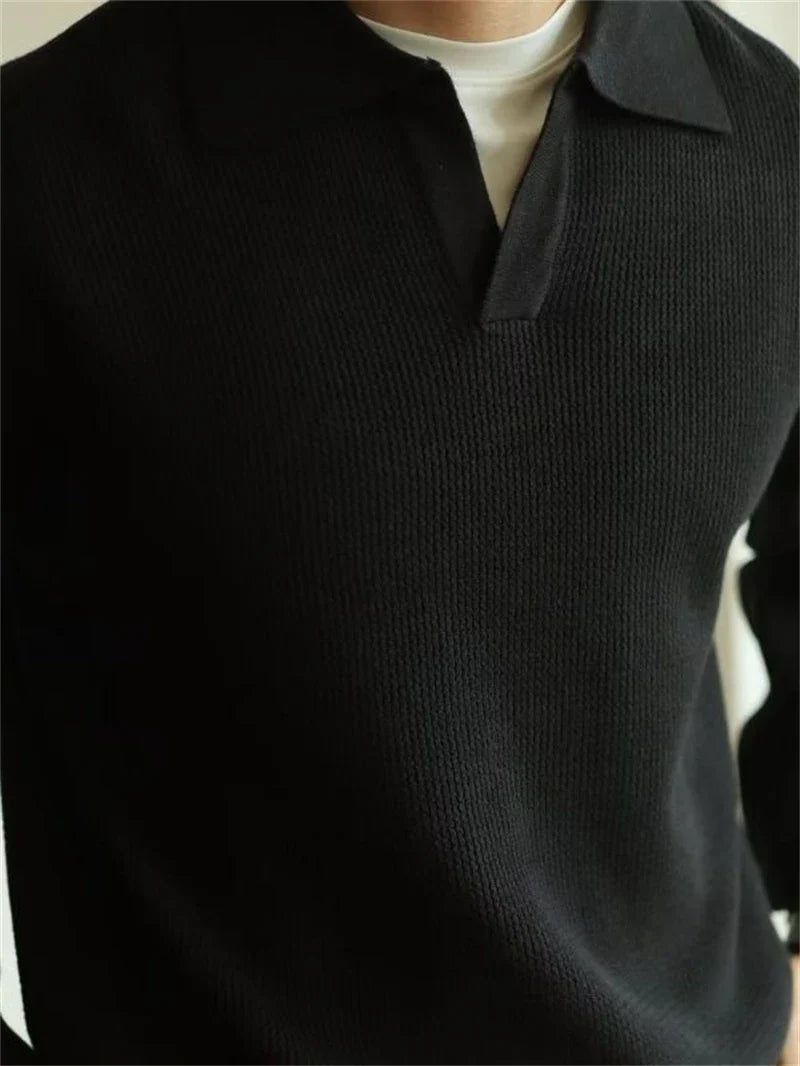 Men Polo Knitted Sweater | Long Sleeve V-Neck Casual Knitwear