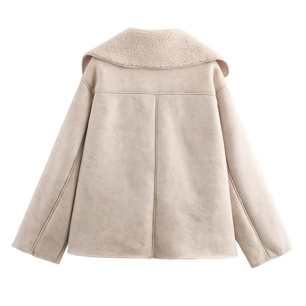 Women Loose Double Sided Collar Long Sleeve Warm Fur Jacket | Shearling Jacket
