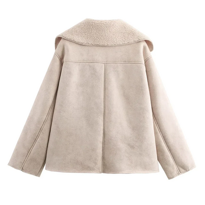 Women Loose Double Sided Collar Long Sleeve Warm Fur Jacket | Shearling Jacket