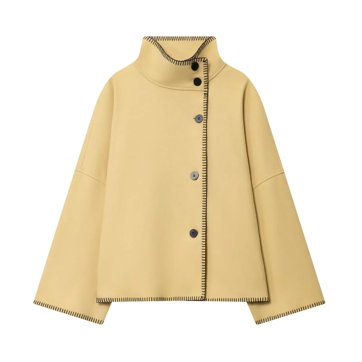 Women Short Jacket | Wide Shoulder | Vintage High Neck | Long Sleeve | Cape Coat Butter Yellow