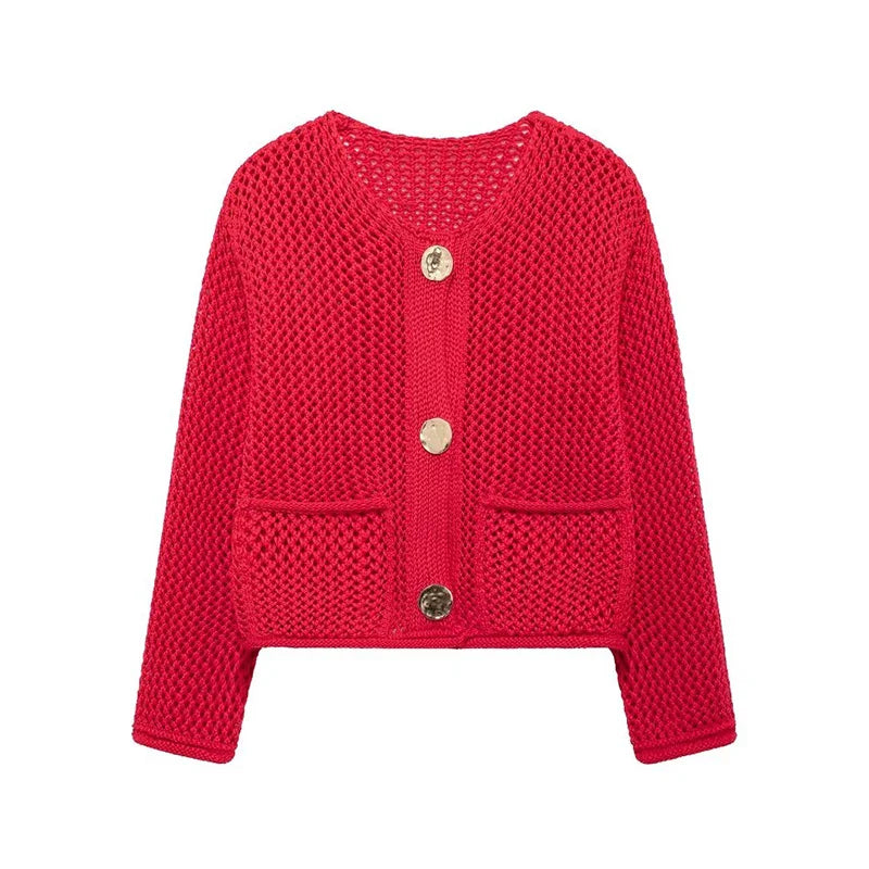 Women Short Knitted Cardigan Red