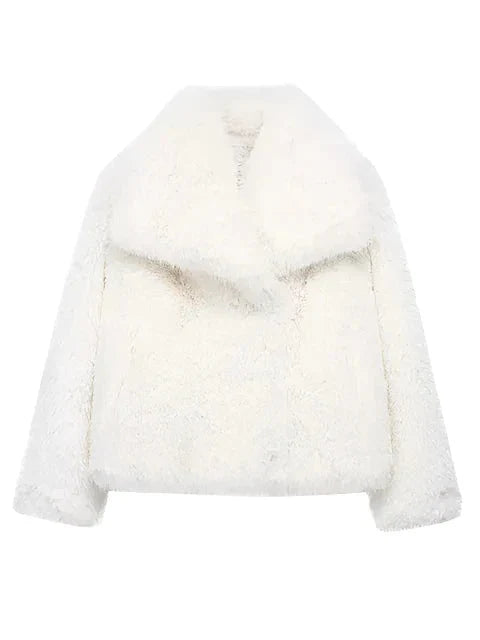 Women Short Woven Fur Coat | Loose Stand Collar Long Sleeve Coat White