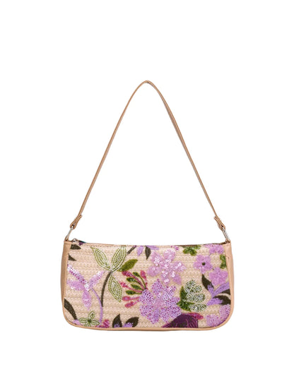 Women Sequin Embroidery Underarm Bag | Flower Pattern Shoulder Bag | Summer Beach Handbag Purple