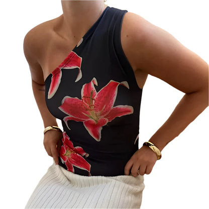 Women Floral Print Fitted Top | One Shoulder | Backless Tank Top | Summer Top Black
