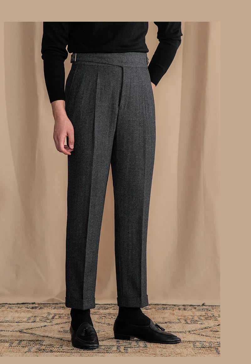 Men Vintage Wool Herringbone Pattern Pants | Casual | British | Warm | High Waist | Straight Pants