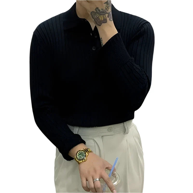 Men's Long Sleeve Knit Polo Shirt | Ribbed Solid Color Polo Shirt | Knitted Casual Button Pullovers Black