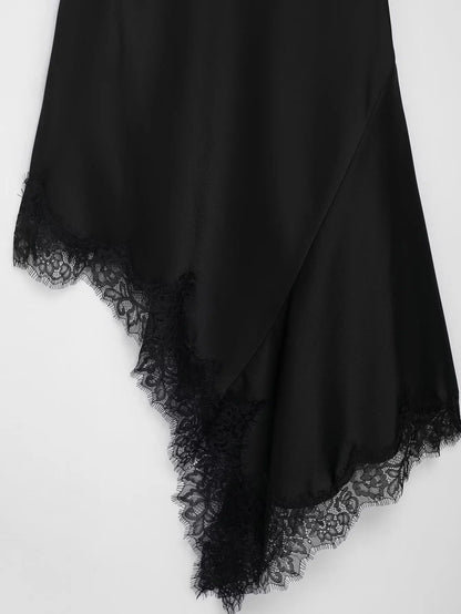 Women Lace Spliced Sling Dress | Sleeveless | Backless | Asymmetrical | Holiday | Party Wear