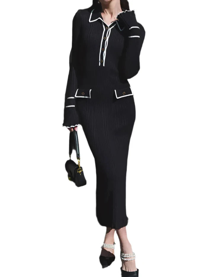 Women Ribbed Knitted Dress | Women Ruffle Knitted Maxi Dress | Long Sleeve Slim Dress Black