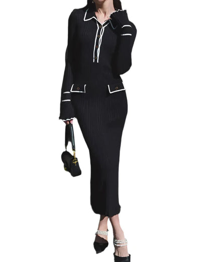 Women Ribbed Knitted Dress | Women Ruffle Knitted Maxi Dress | Long Sleeve Slim Dress Black