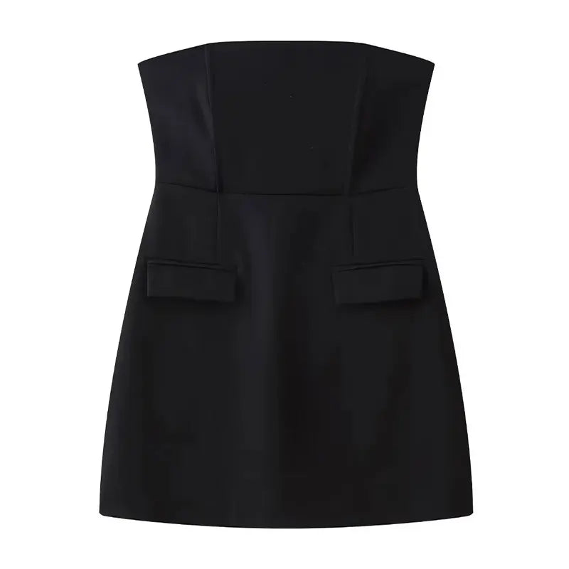 Women Summer Evening Dress with Pockets | Solid Strapless Slim Mini Party Dress black