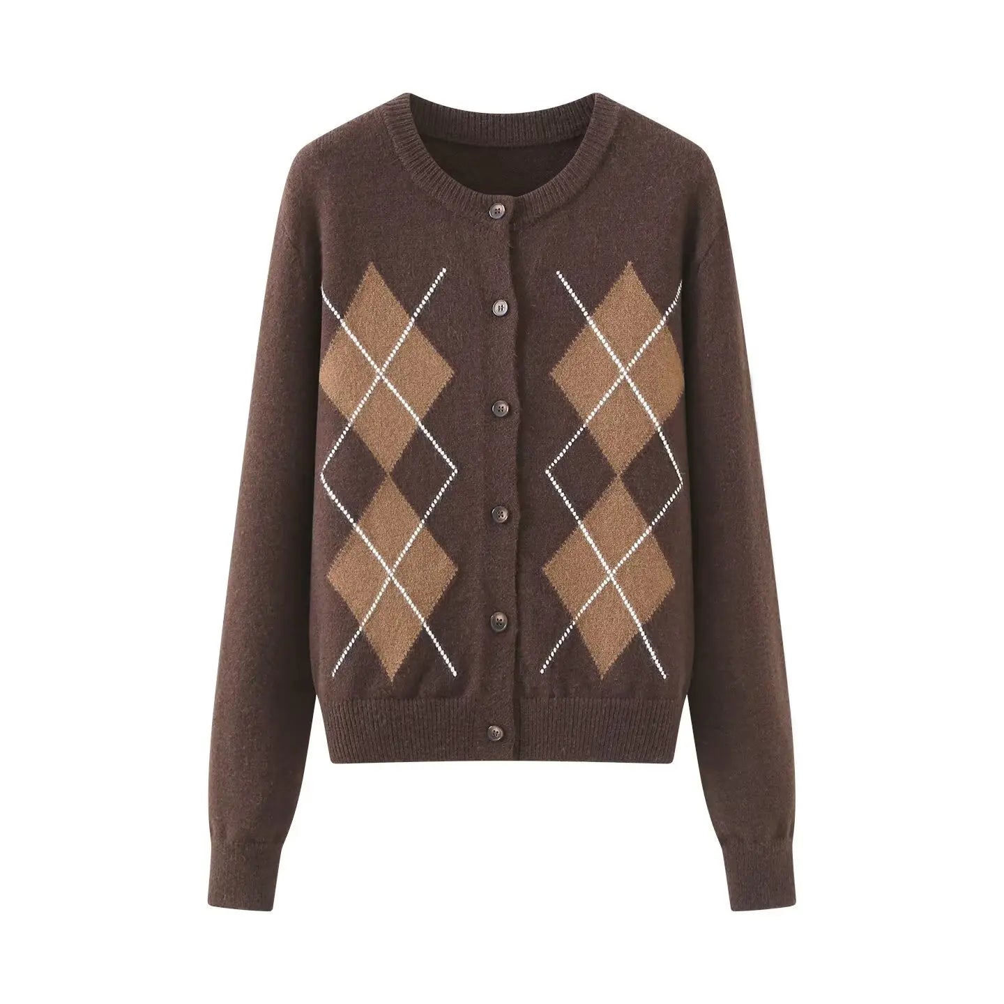 Women Diamond Plaid Round Neck Cardigan | Knitted Sweater | Autumn Brown