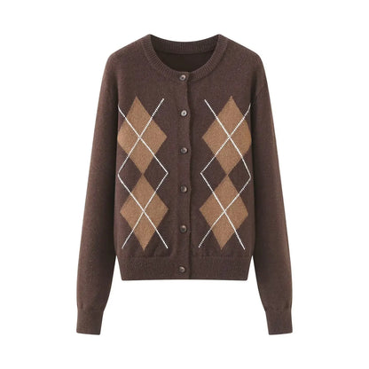 Women Diamond Plaid Round Neck Cardigan | Knitted Sweater | Autumn Brown