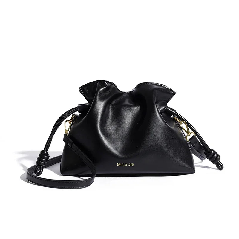 Women Leather Crossbody Bucket Bag black