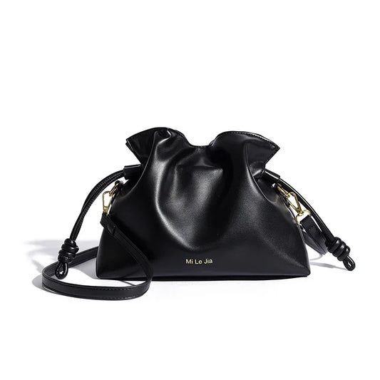 Women Leather Crossbody Bucket Bag black