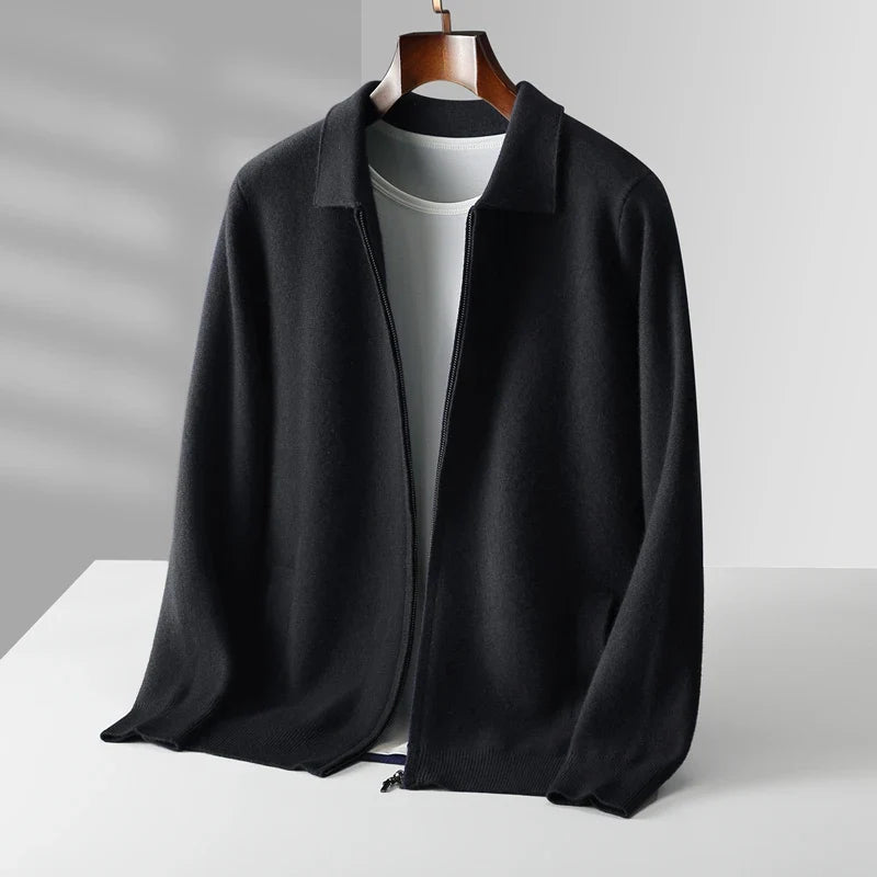 Men Cashmere Collared Cardigan | Knitted Loose Outerwear | Pure Wool Casual Coat black