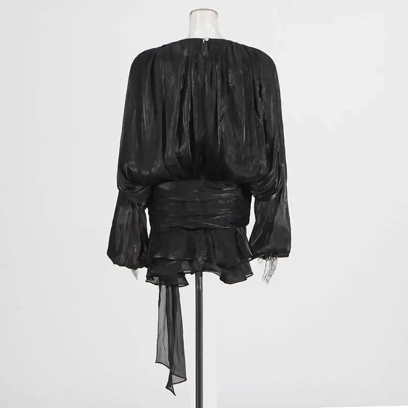 Women Flowy Mini Dress | V Neck | Long Sleeve | Spliced | Lace Up | Blouse Dress