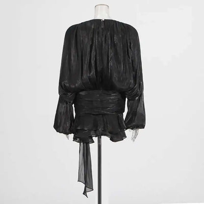 Women Flowy Mini Dress | V Neck | Long Sleeve | Spliced | Lace Up | Blouse Dress