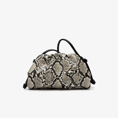Women Leather Ruched Serpentine Dumpling Bag | Pouch Handbag | Cloud Clutch | Snake Pattern Shoulder Bag | Crossbody Bag