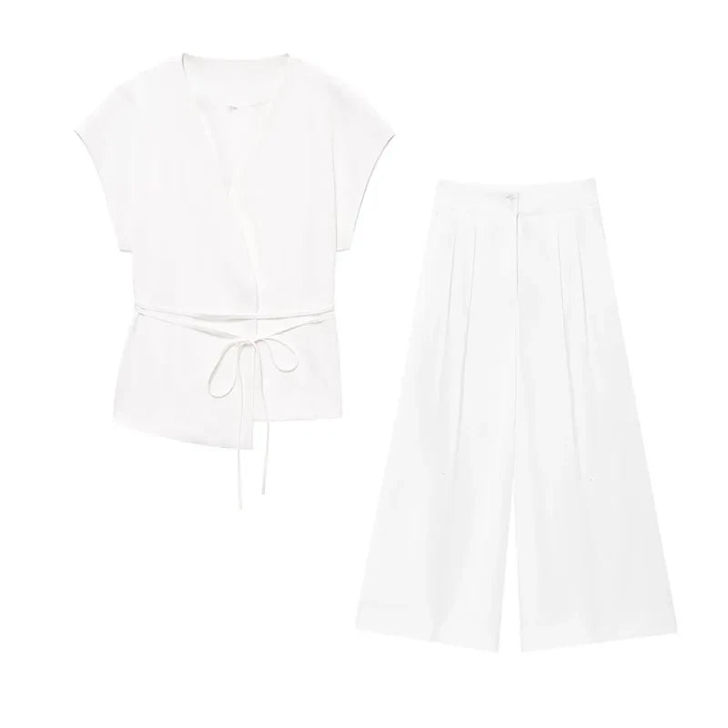 Women Sleeveless V-Neck Top With Belt Straight Pants Set | Top Trouser Suit | 2 Piece Set