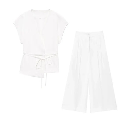 Women Sleeveless V-Neck Top With Belt Straight Pants Set | Top Trouser Suit | 2 Piece Set
