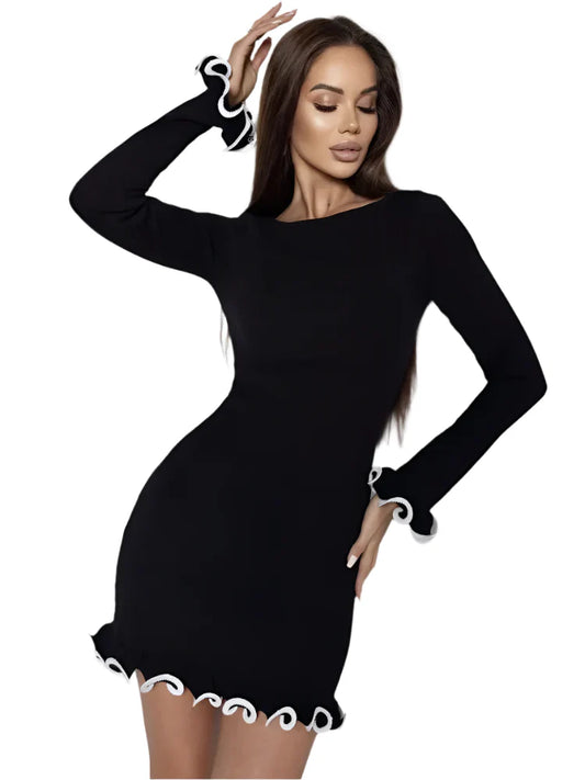 Women Color Contrast Knitted Mini Dress | Long Sleeves Party Dress